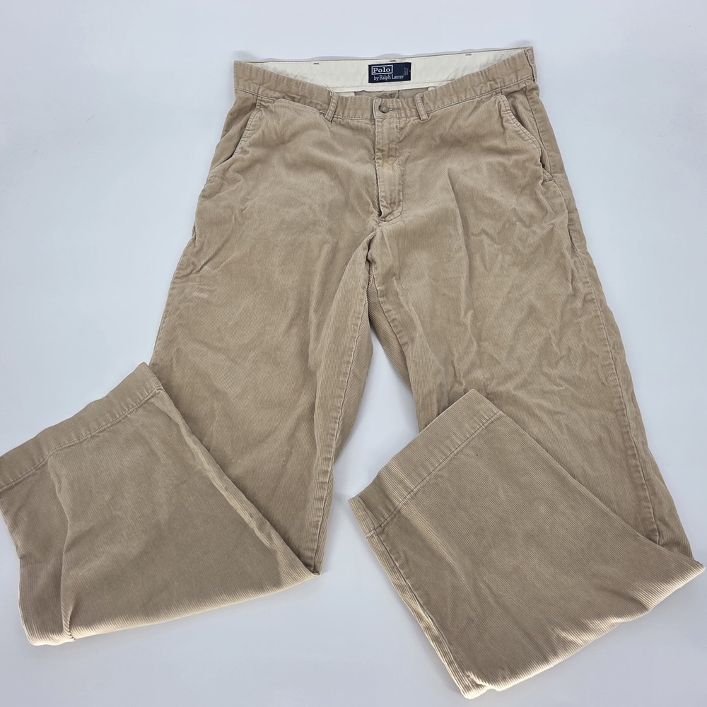 Polo Ralph Lauren Mens Corduroy Pants 36 x 30 Khaki Beige 100% Cotton Flat Front